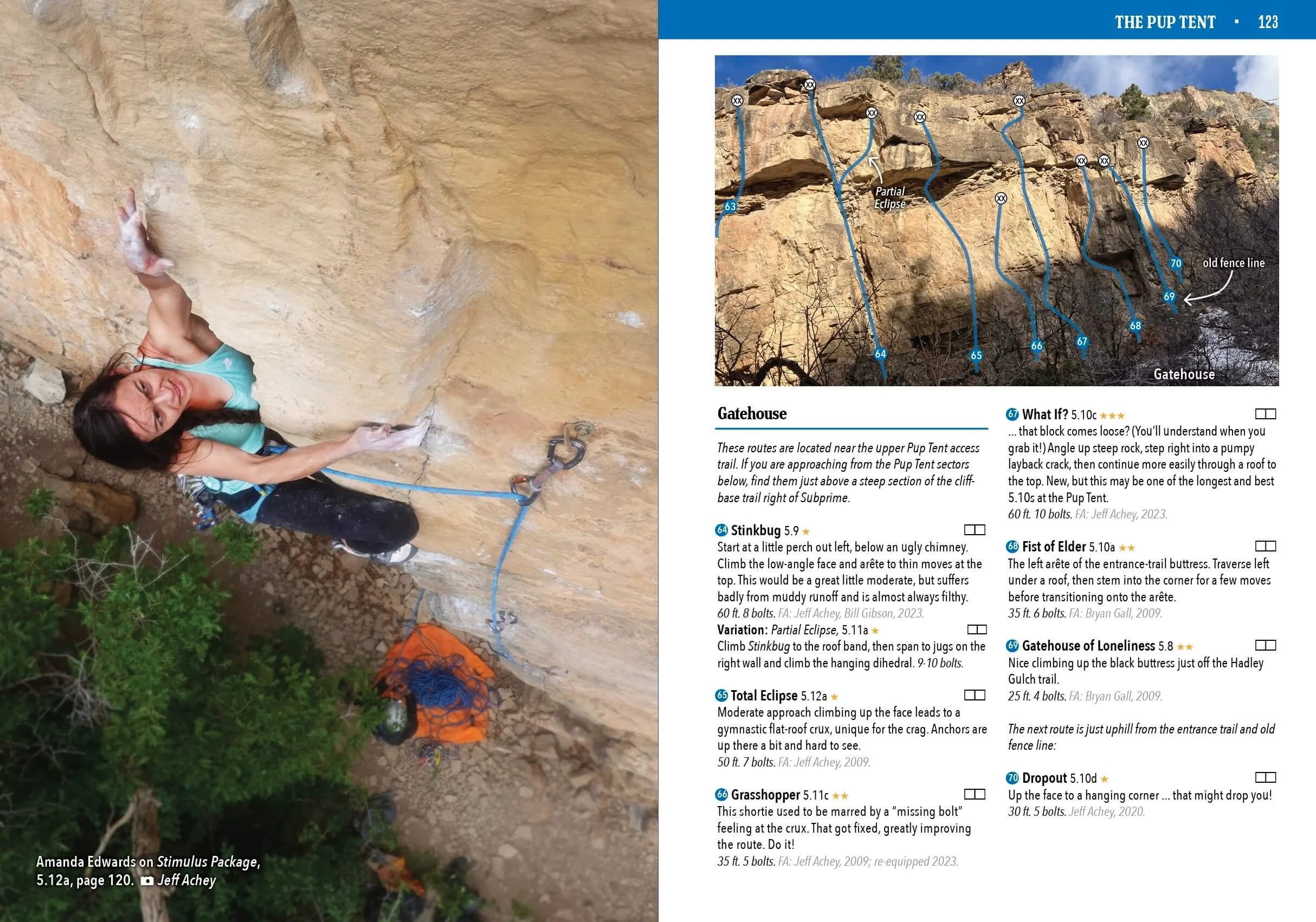 Interior page spread depicting climber on route at the Pup Tent and a page with route descriptions and lines on the cliff.
