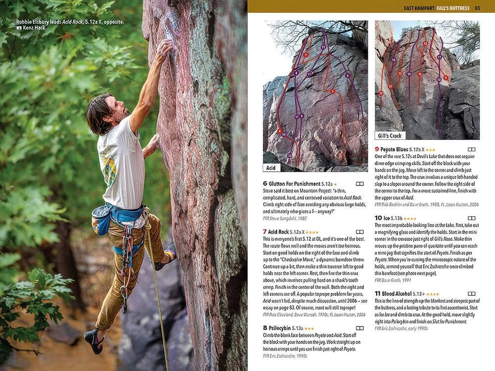 Image of climber and route descriptions on pp. 84-85.