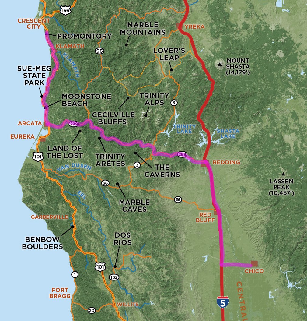 Map of Cari's climbing road trip on the Northwestern California coast.
