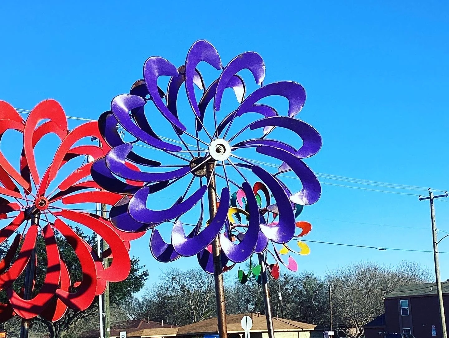 Colorful pinwheels in purple, red, and yellow spinning outdoors under a clear blue sky with trees and houses in the background.