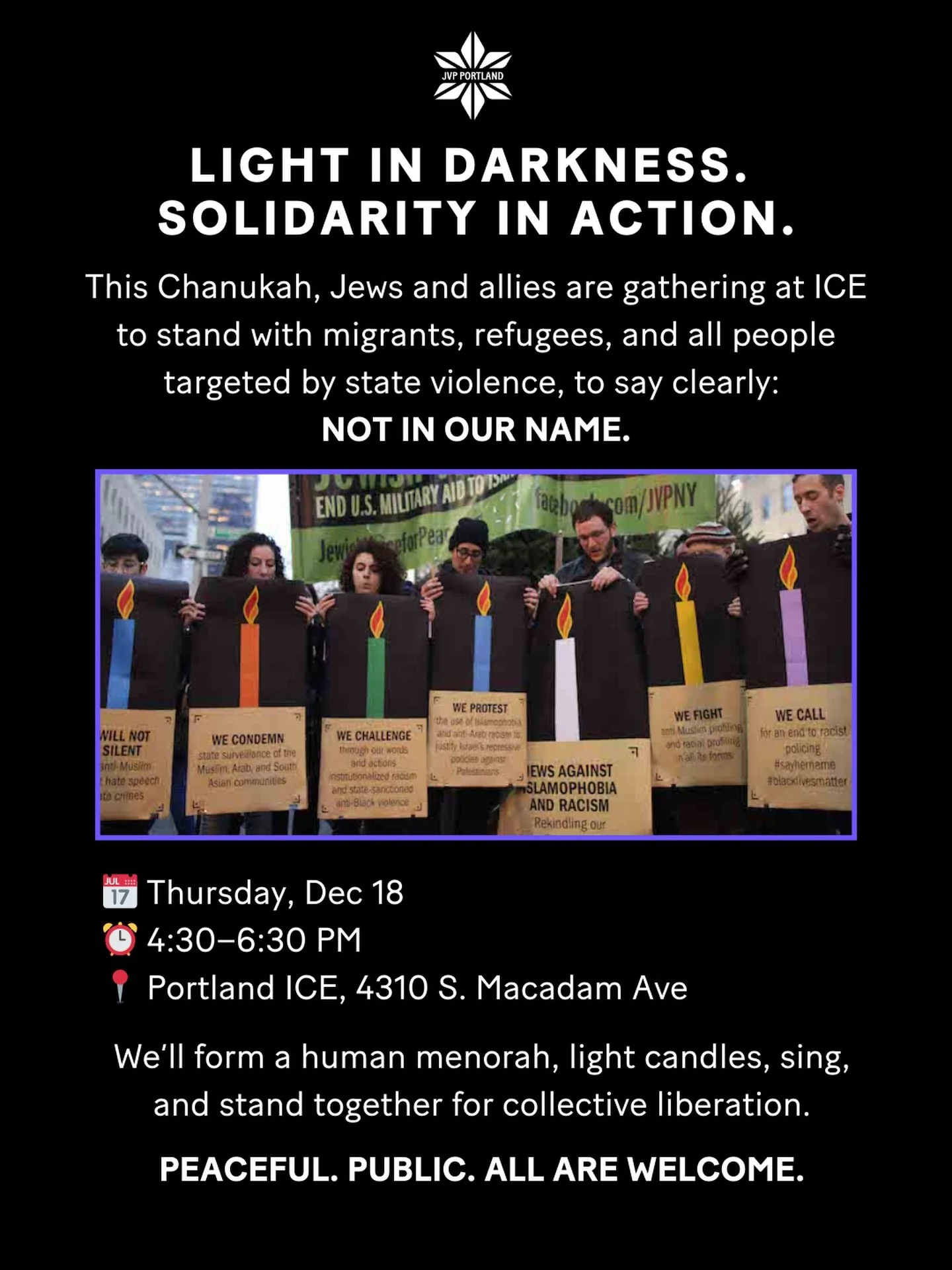 This Chanukkah, Jews and allies are gathering at ICE to stand against systems that disappear families and deny people their rights. We come together on the fifth night of Chanukah and International Migrants Day to form a&nbsp;human menorah, light can