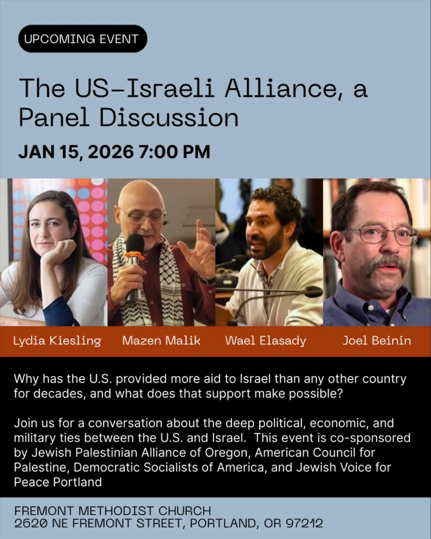 Event Alert! 

Join moderator Lydia Kiesling and panelists, Mazen Malik, Wael Elasady and Joel Beinin for a conversation about the deep political, economic, and military ties between the U.S. and Israel. This event is co-sponsored by Jewish Palestini