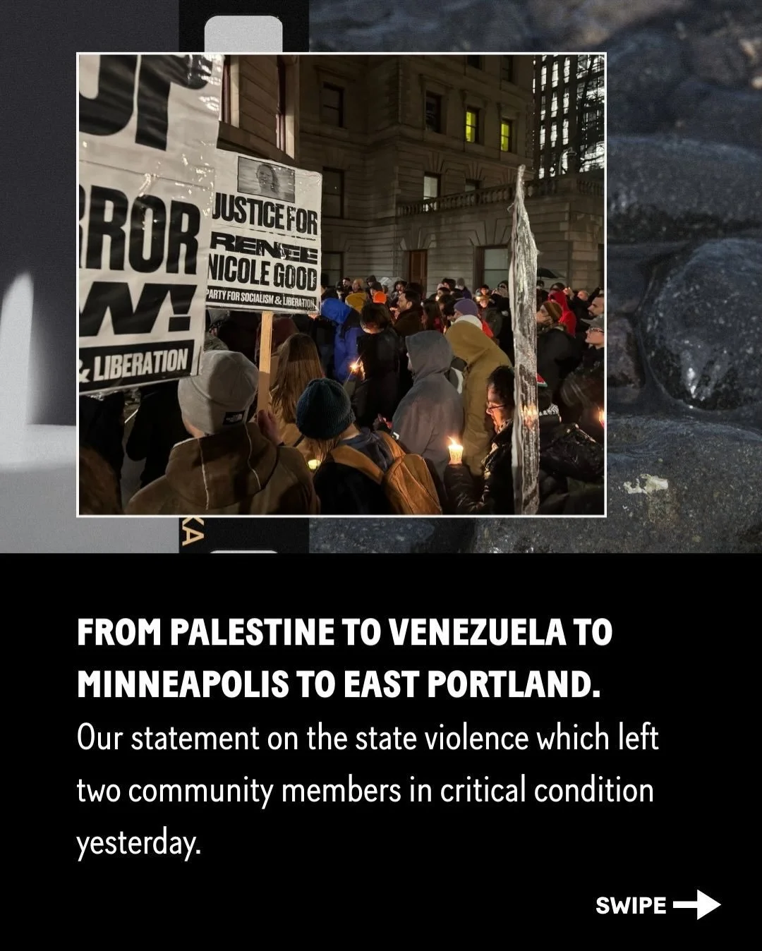 JVP joined DSA and Portlanders for a peaceful vigil outside of City Hall to honor two of our community members who were shot and wounded by federal agents in East Portland. This state violence occurs less than a week after Trump violated internationa
