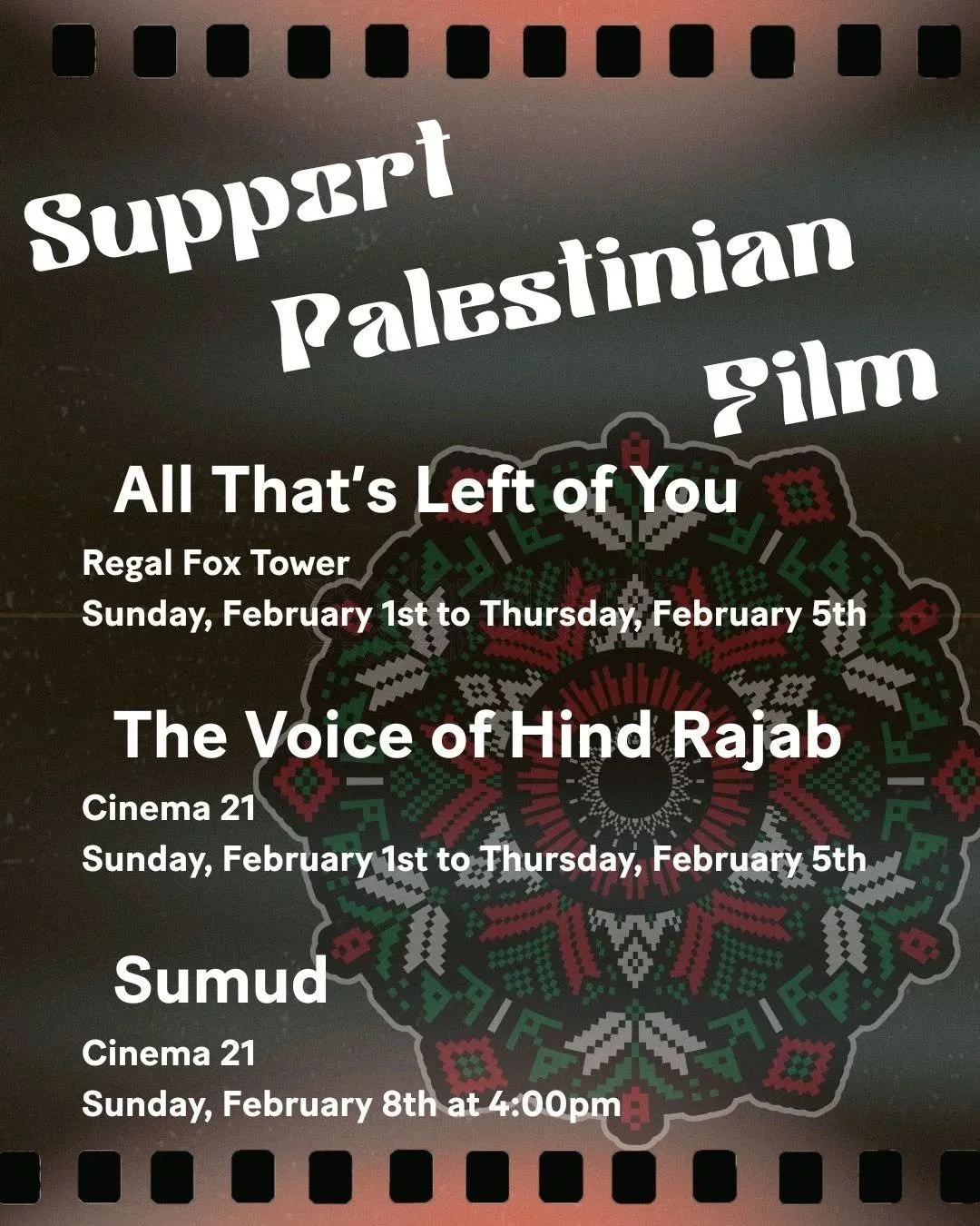 Palestinian films showing in the next week!

Showing up&mdash;by attending, spreading the word, and inviting your people&mdash;goes a long way in supporting both the artists and the important stories they&rsquo;re bringing into the world.

If you&rsq