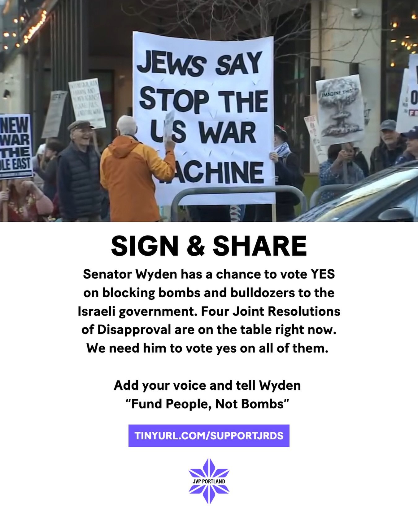 Senator Wyden has a chance to vote YES on blocking bombs and bulldozers to the Israeli government. 4 Joint Resolutions of Disapproval are on the table right now. We need him to vote yes on all of them. We are Oregonians writing from Jewish, Muslim, C