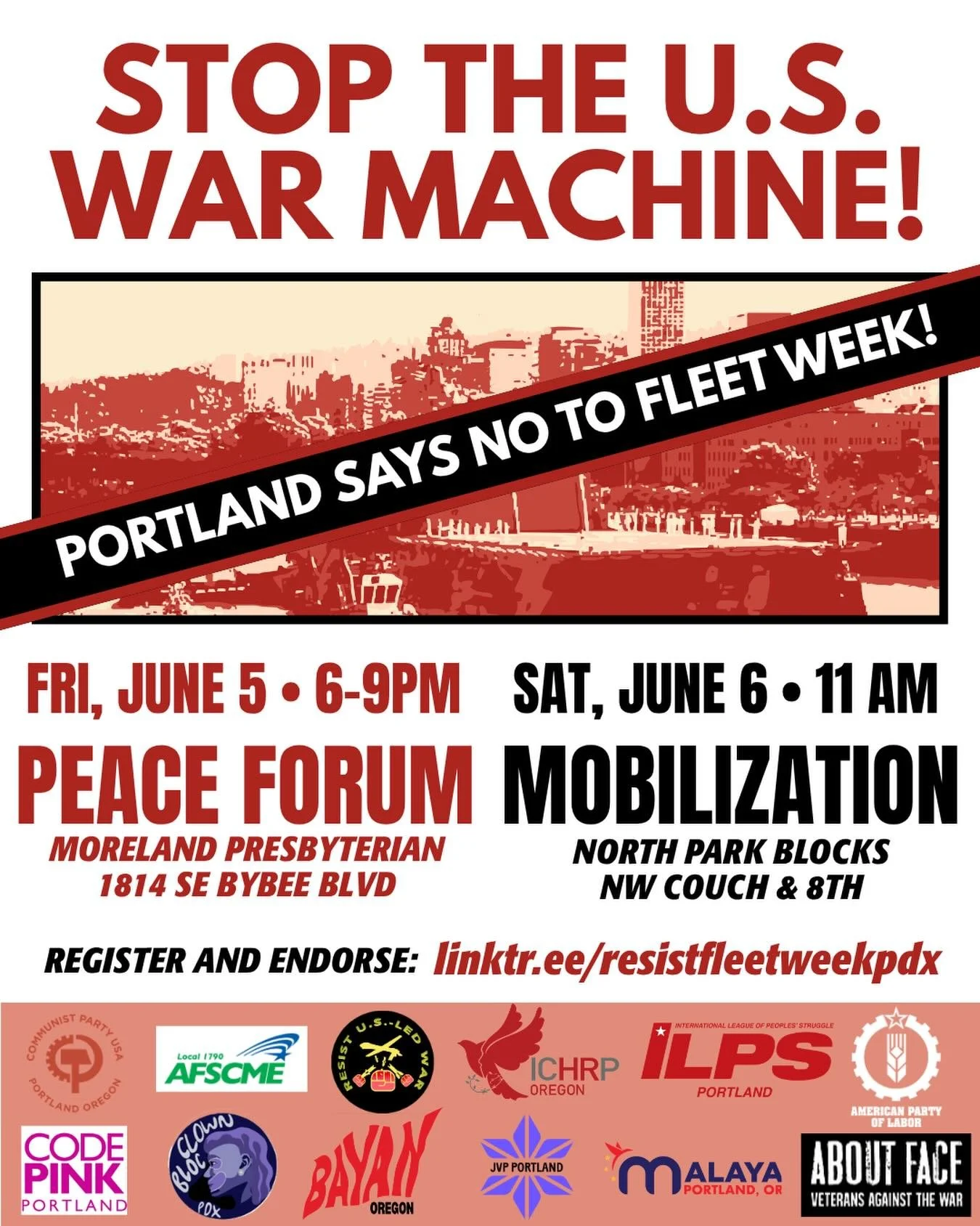 END FLEET WEEK! SAVE THE DATES!

Join JVP Portland on Friday, June 5th from 6:00 PM to 9:00 PM (exact location TBD) as we build up to mobilize against Fleet Week and end the war on migrant workers. Fight against U.S. War and Militarism, defend our co