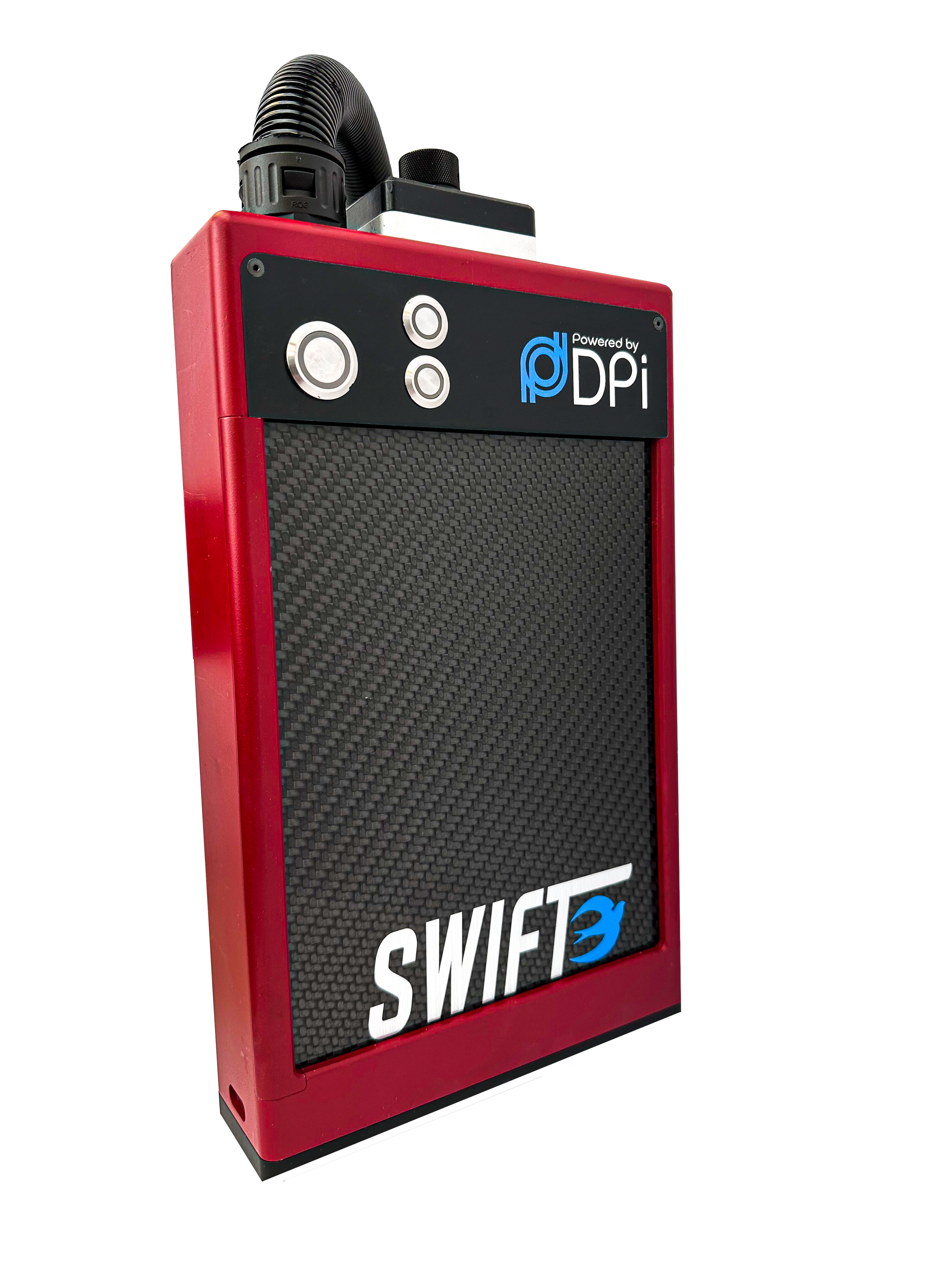 A red electronic device with buttons and a black speaker grille displaying the text 'SWIFT 3'. It has a logo 'dPi' and some control buttons on the upper part and a black flexible tube attached at the top.