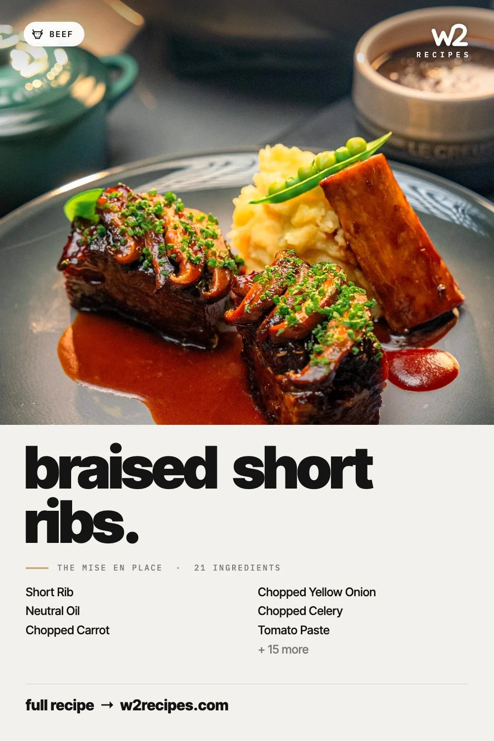 Braised Short Ribs recipe — Pinterest pin with ingredient list | W2 RECIPES