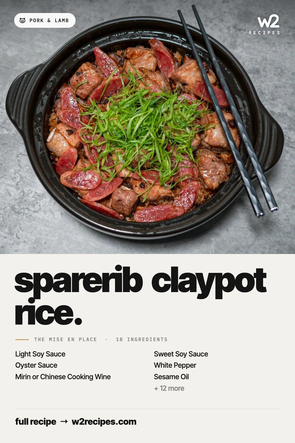 Sparerib Claypot Rice recipe — Pinterest pin with ingredient list | W2 RECIPES