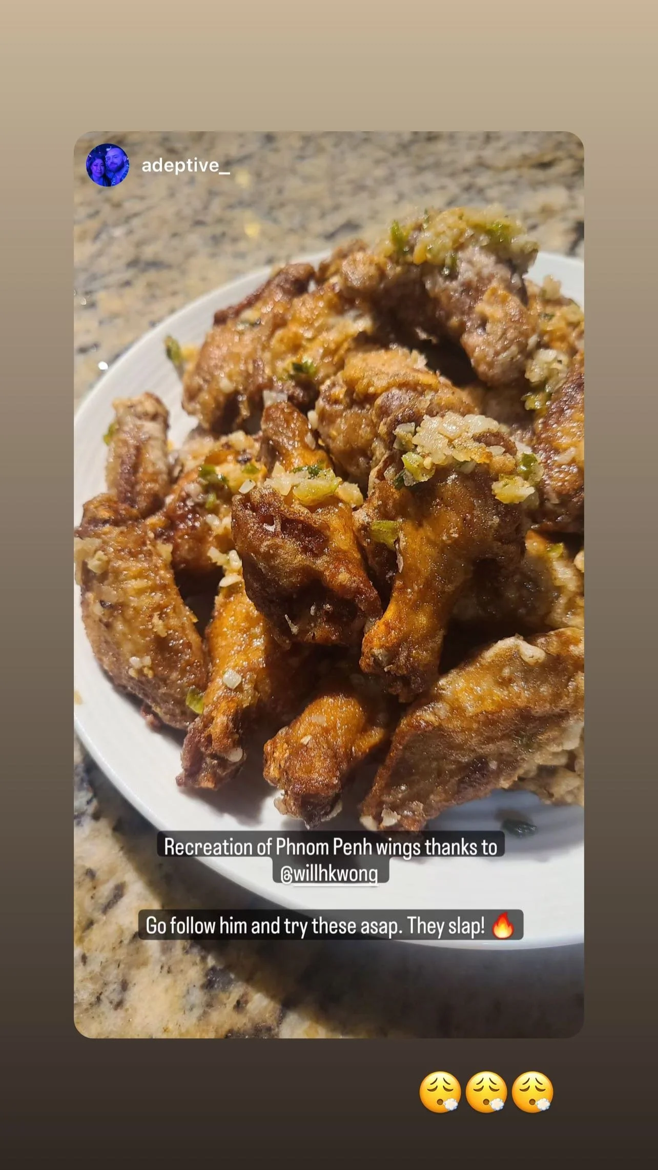A follower's Phnom Penh wings, shared on Instagram