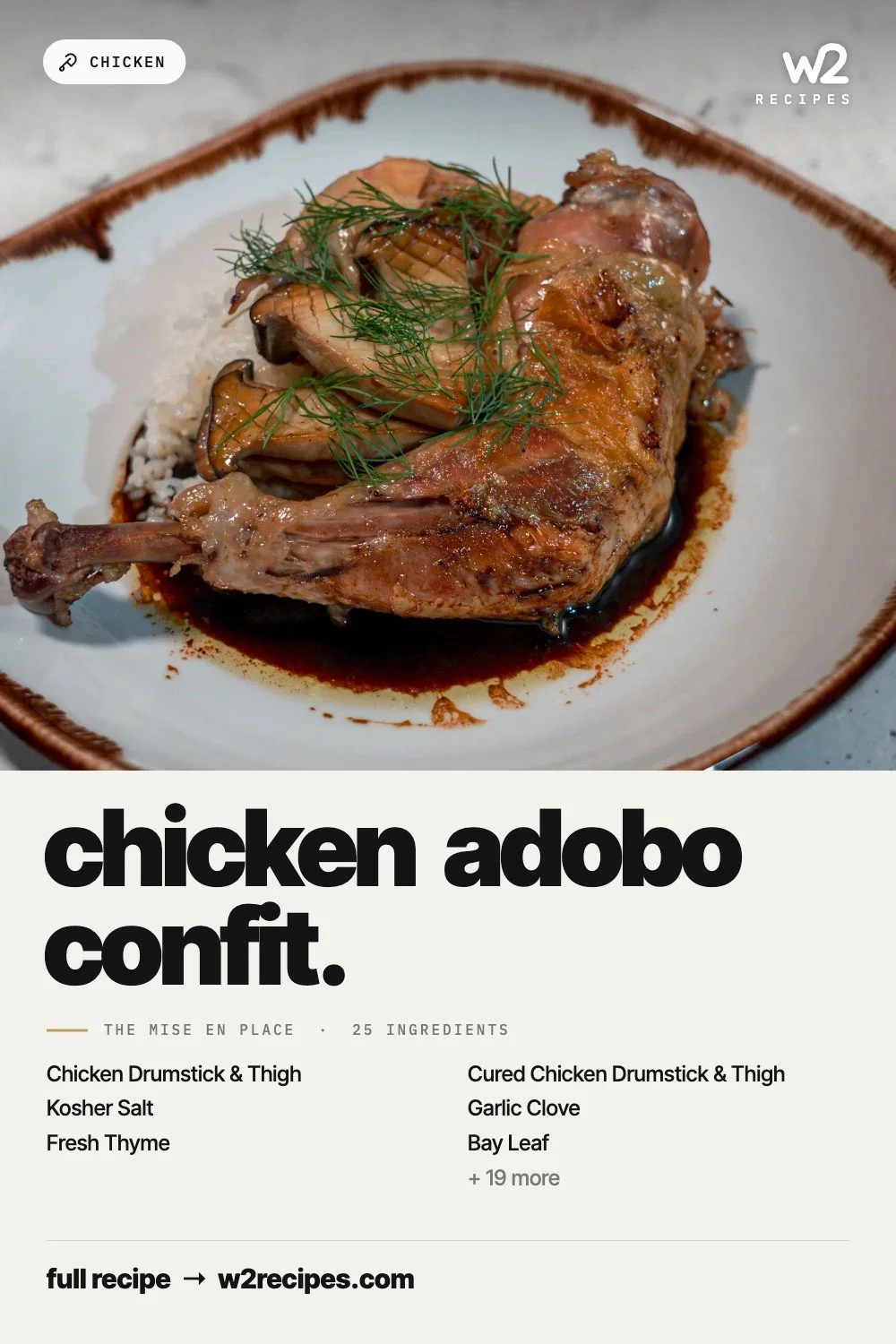 Chicken Adobo Confit recipe — Pinterest pin with ingredient list | W2 RECIPES