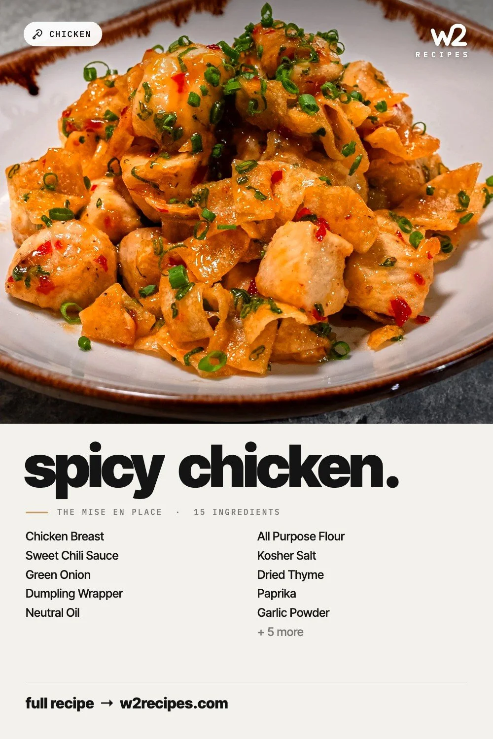 Spicy Chicken recipe — Pinterest pin with ingredient list | W2 RECIPES