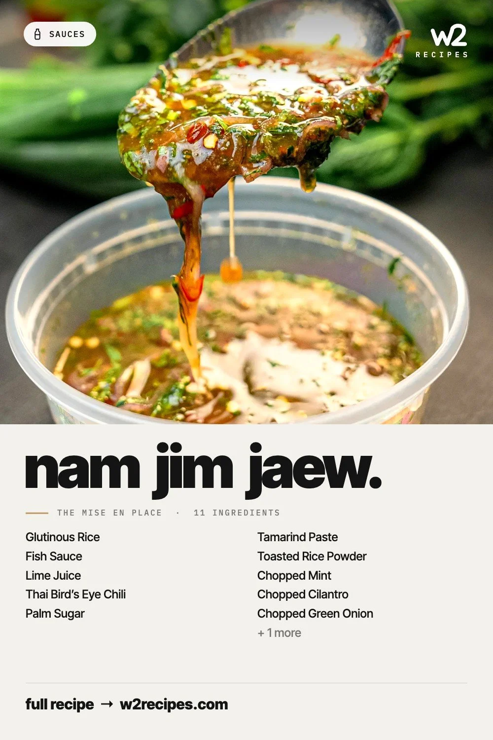 Nam Jim Jaew recipe — Pinterest pin with ingredient list | W2 RECIPES