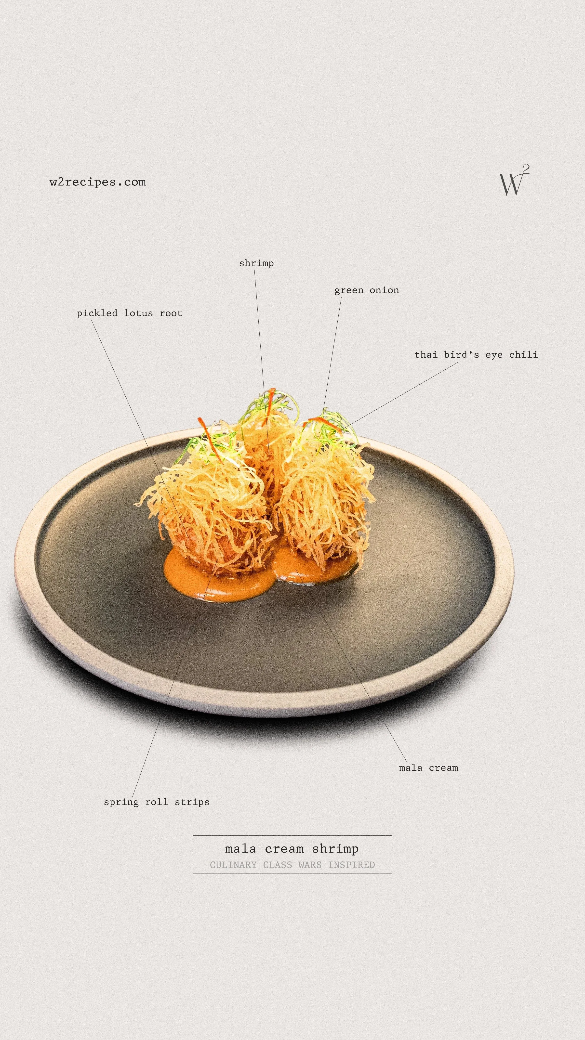 Mala Cream Shrimp plating diagram with ingredient labels | W2 RECIPES