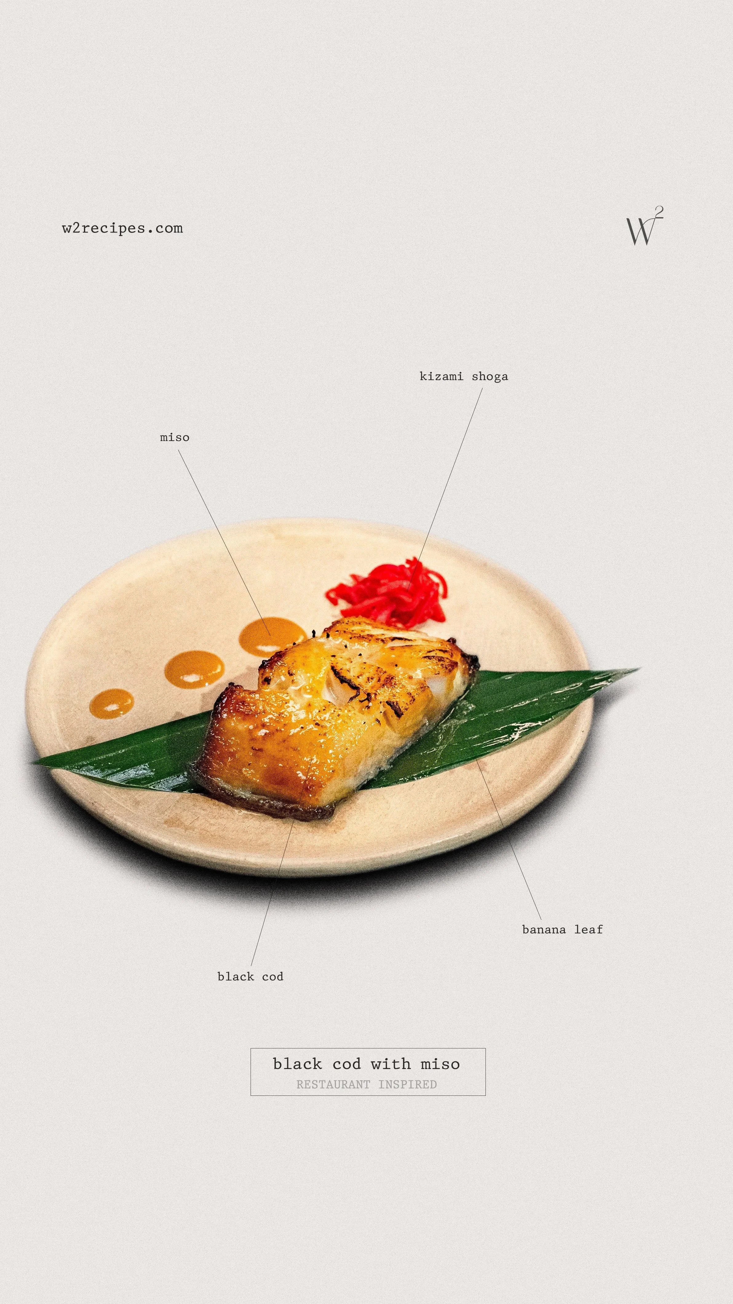 Black Cod with Miso plating diagram with ingredient labels | W2 RECIPES