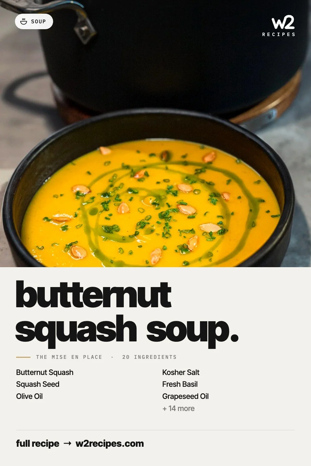 Butternut Squash Soup recipe — Pinterest pin with ingredient list | W2 RECIPES