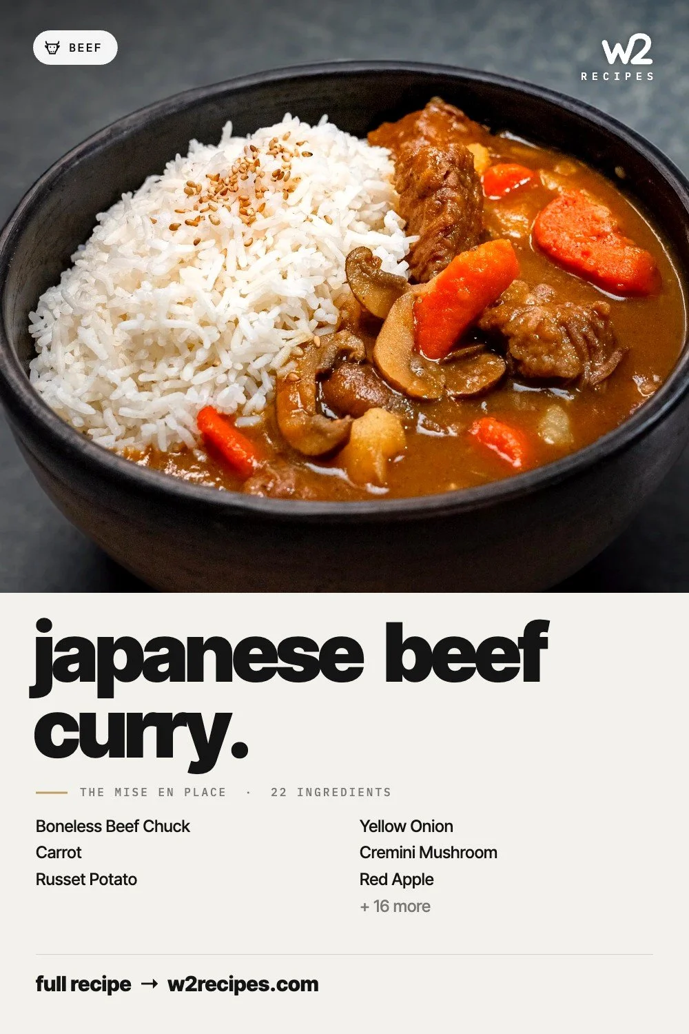 Japanese Beef Curry recipe — Pinterest pin with ingredient list | W2 RECIPES