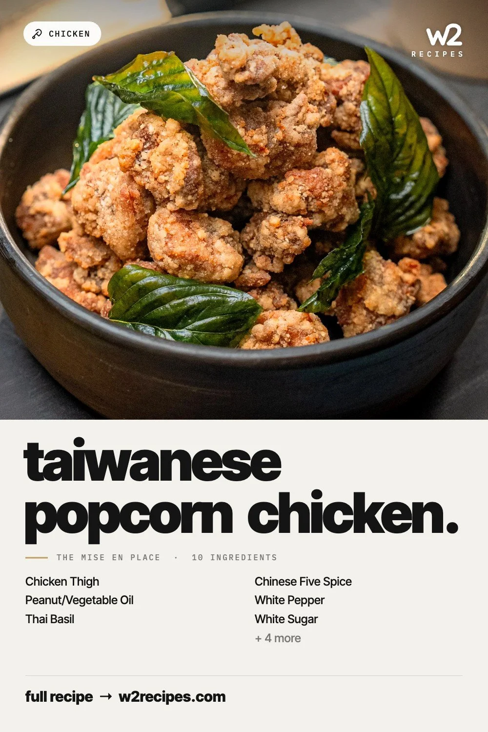 Taiwanese Popcorn Chicken recipe — Pinterest pin with ingredient list | W2 RECIPES