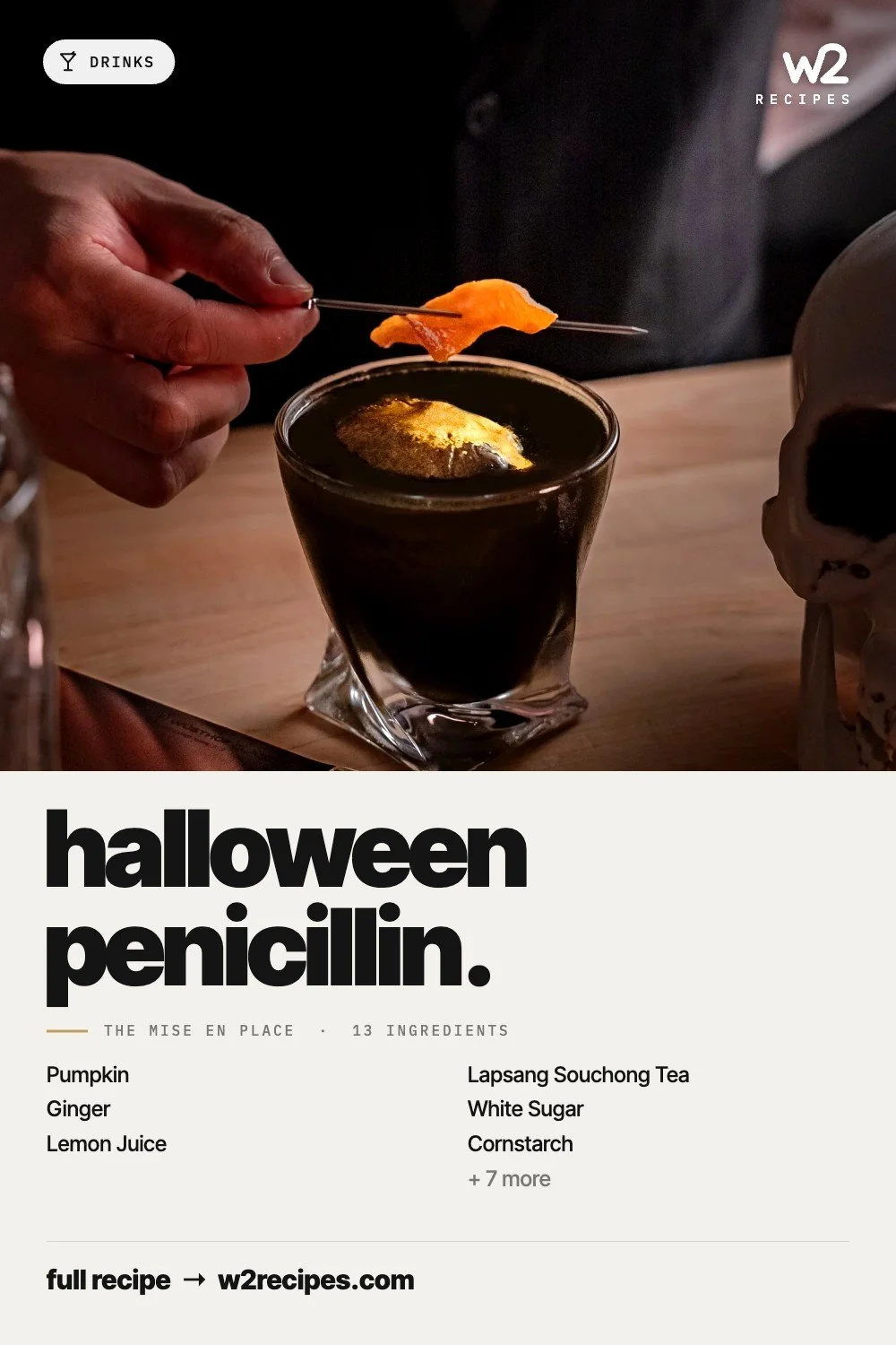 Halloween Penicillin recipe — Pinterest pin with ingredient list | W2 RECIPES