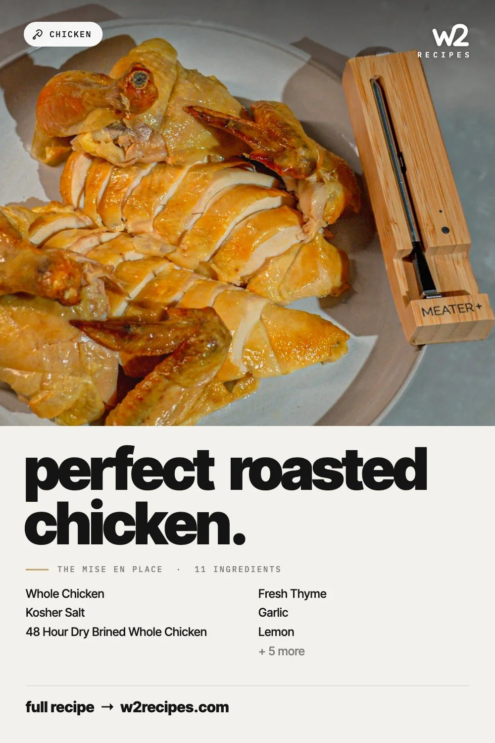 Perfect Roasted Chicken recipe — Pinterest pin with ingredient list | W2 RECIPES