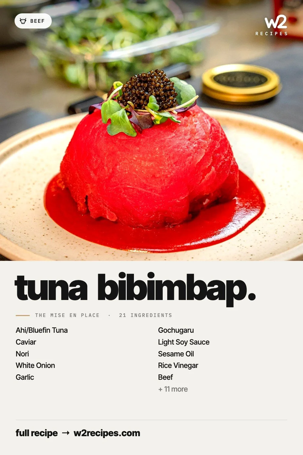 Tuna Bibimbap recipe — Pinterest pin with ingredient list | W2 RECIPES