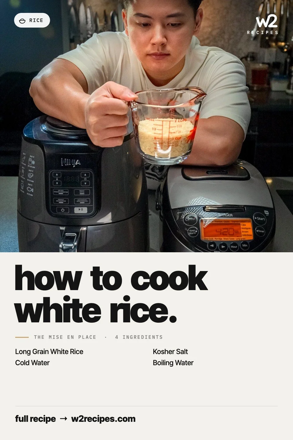 How to Cook White Rice recipe — Pinterest pin with ingredient list | W2 RECIPES