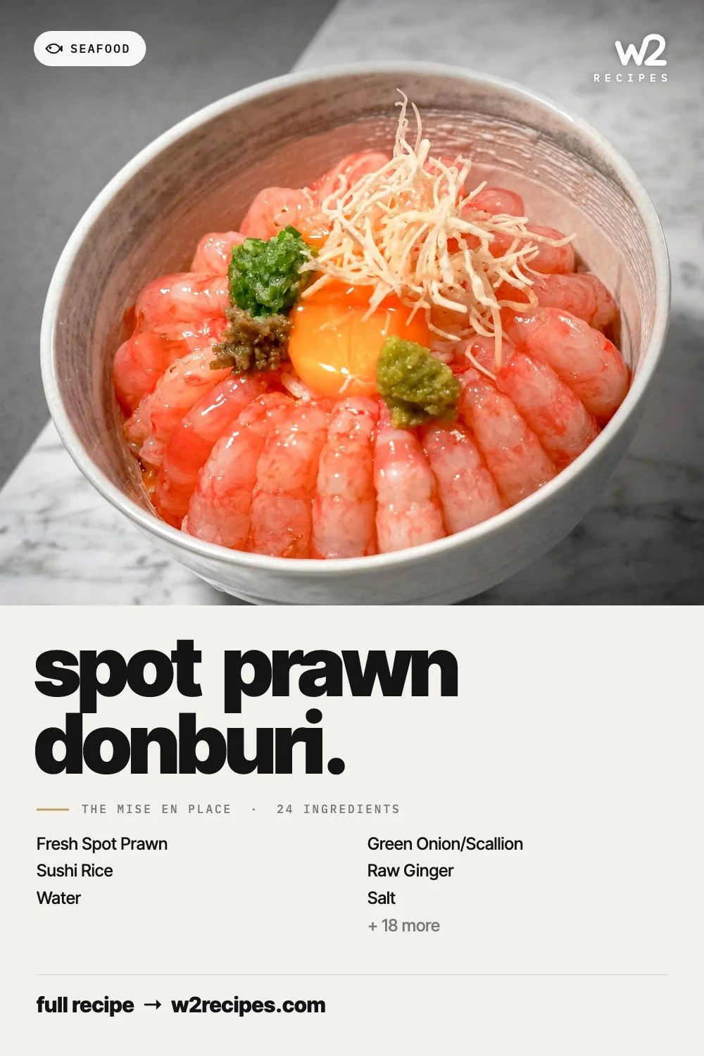 Spot Prawn Donburi recipe — Pinterest pin with ingredient list | W2 RECIPES
