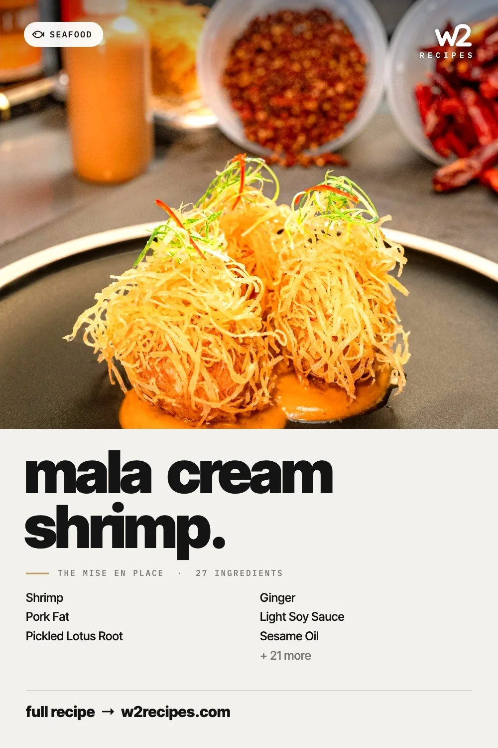 Mala Cream Shrimp recipe — Pinterest pin with ingredient list | W2 RECIPES
