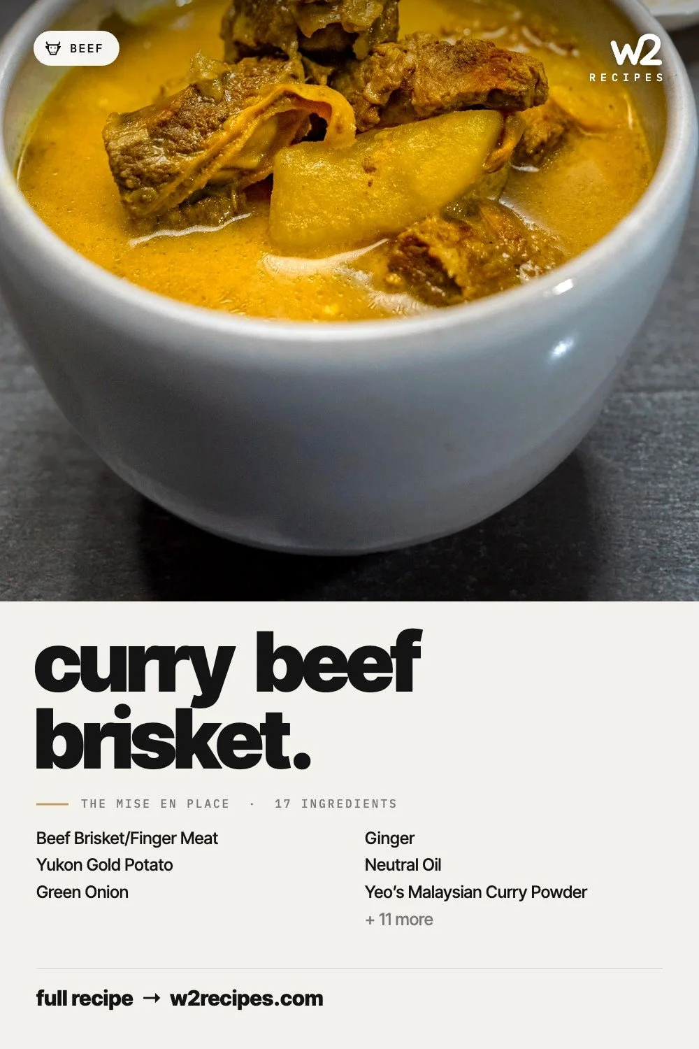 Curry Beef Brisket recipe — Pinterest pin with ingredient list | W2 RECIPES
