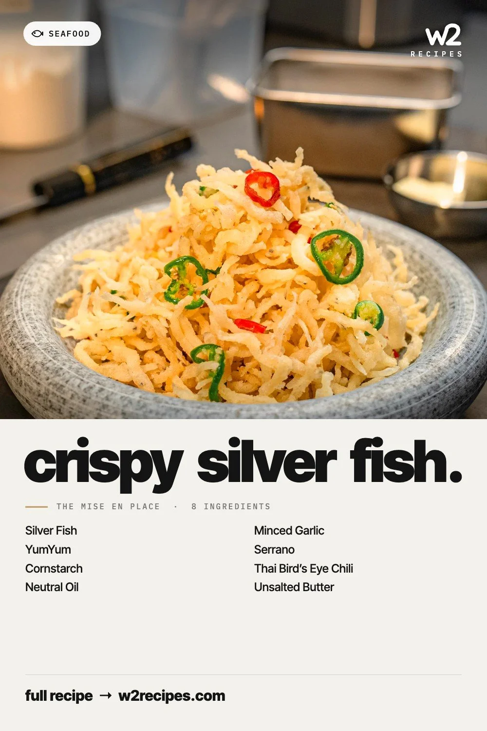 Crispy Silver Fish recipe — Pinterest pin with ingredient list | W2 RECIPES