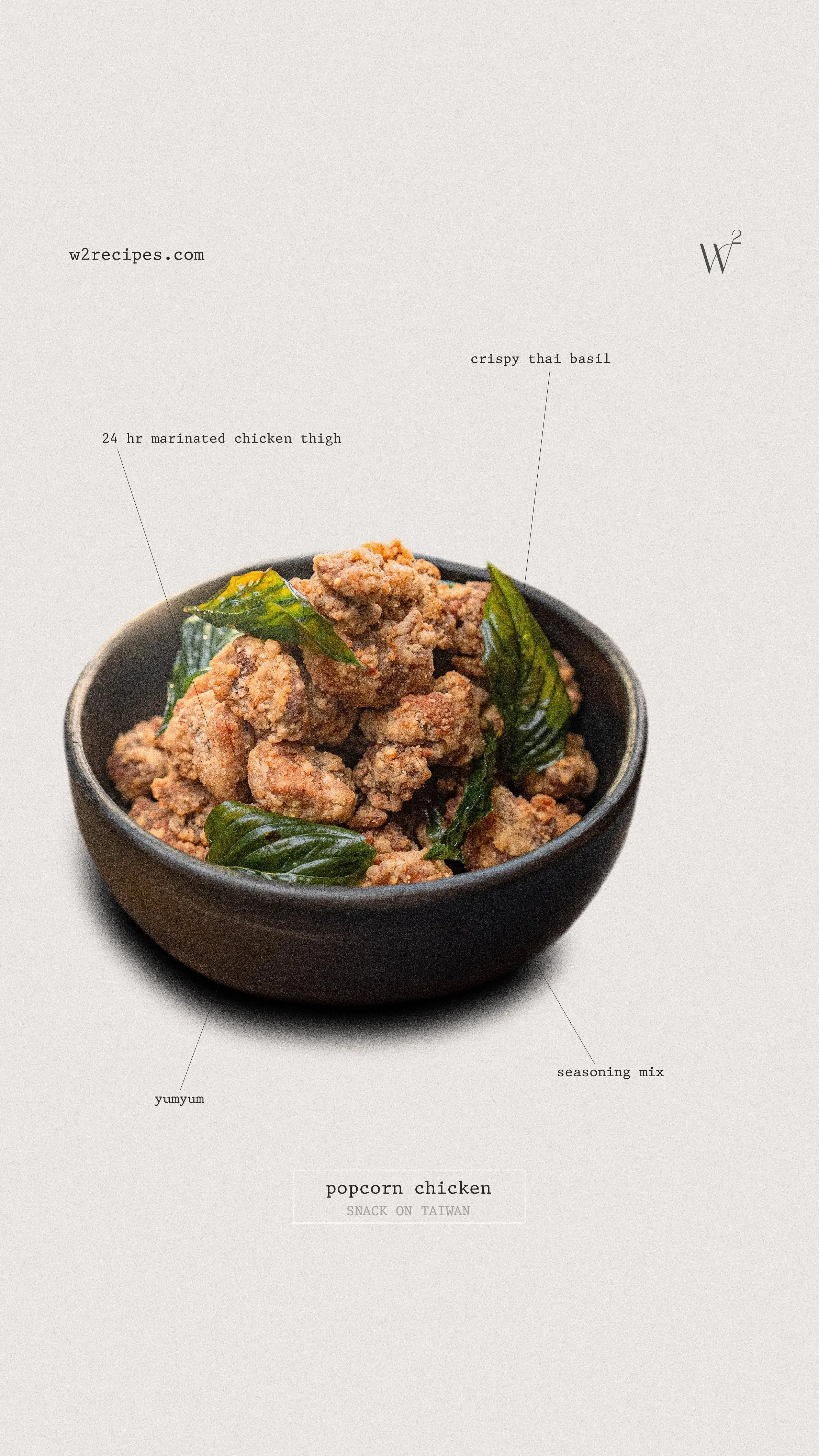 Taiwanese Popcorn Chicken plating diagram with ingredient labels | W2 RECIPES