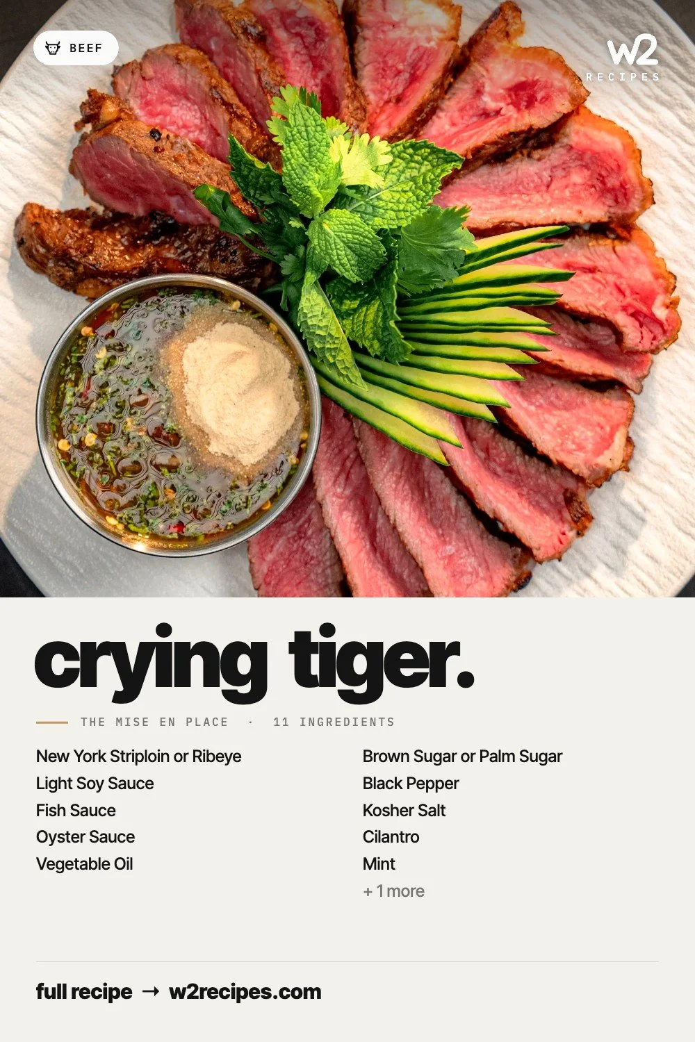 Crying Tiger recipe — Pinterest pin with ingredient list | W2 RECIPES