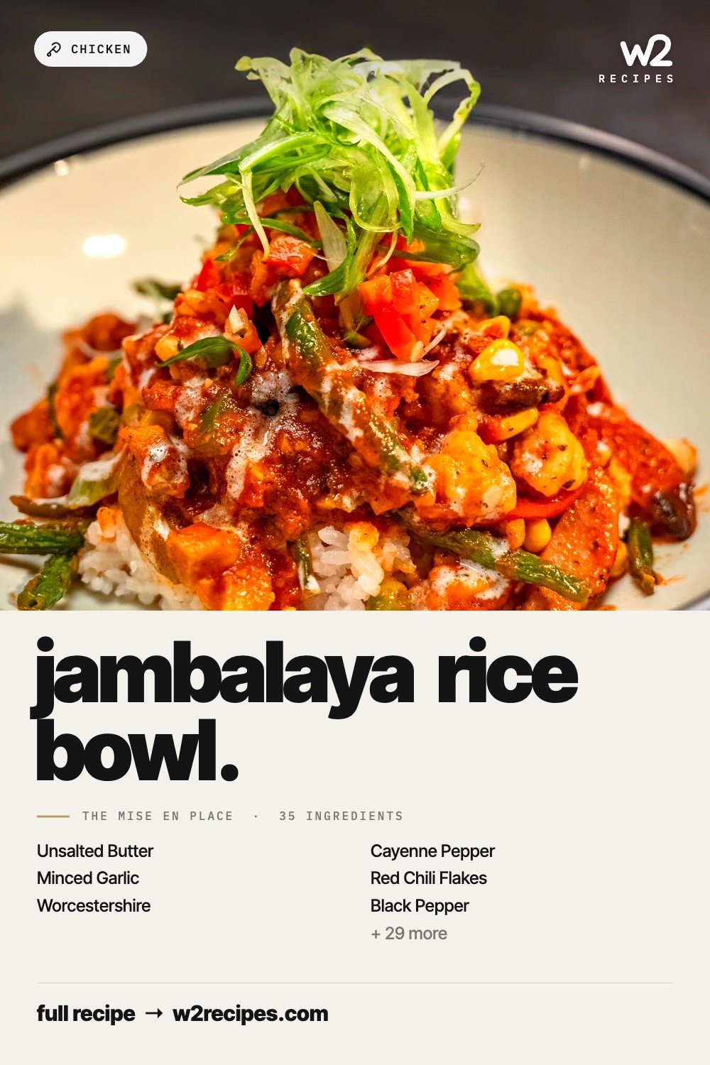 Jambalaya Rice Bowl recipe — Pinterest pin with ingredient list | W2 RECIPES