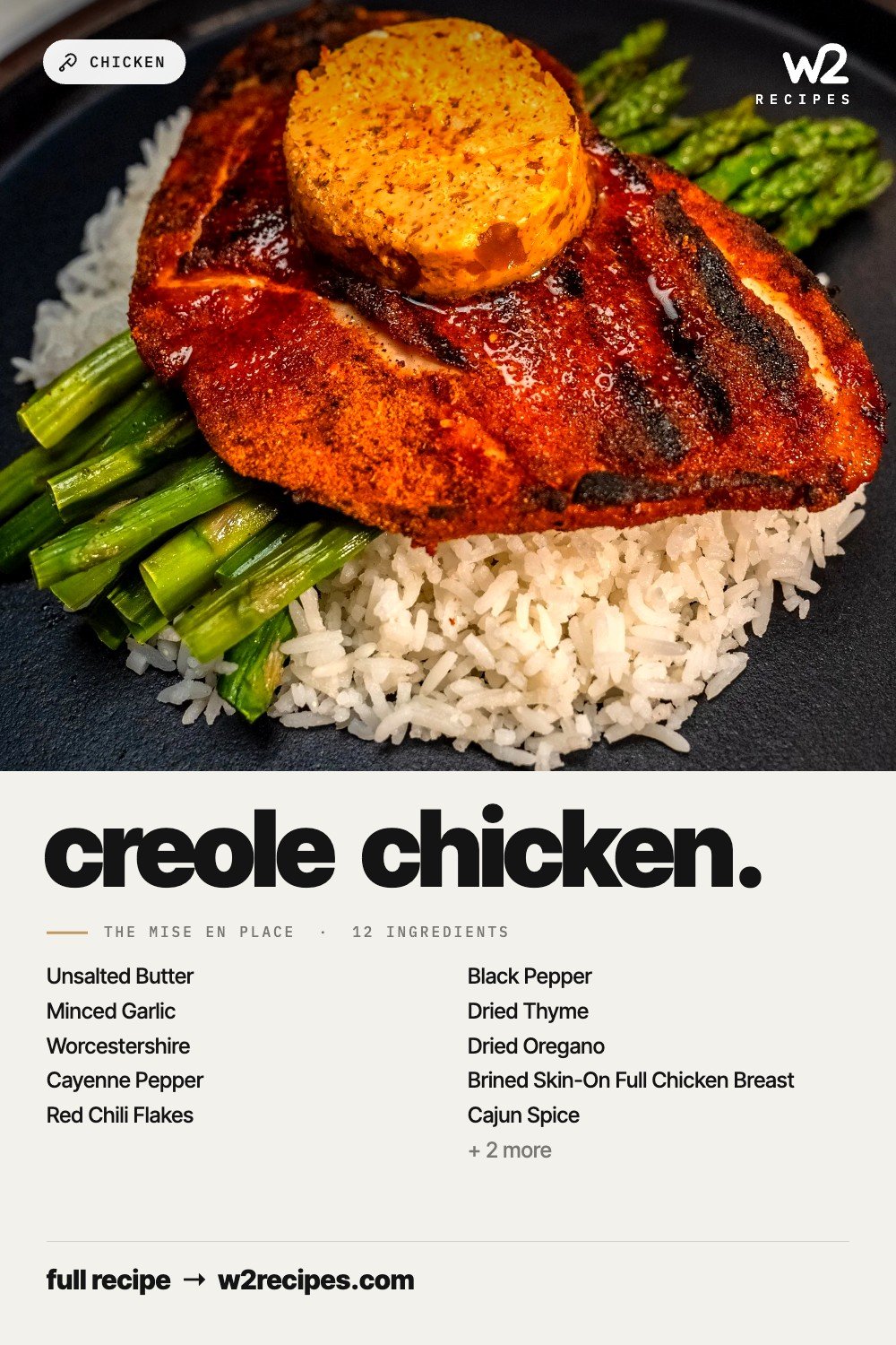 Creole Chicken recipe — Pinterest pin with ingredient list | W2 RECIPES