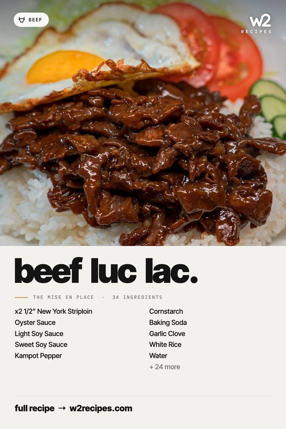Beef Luc Lac recipe — Pinterest pin with ingredient list | W2 RECIPES