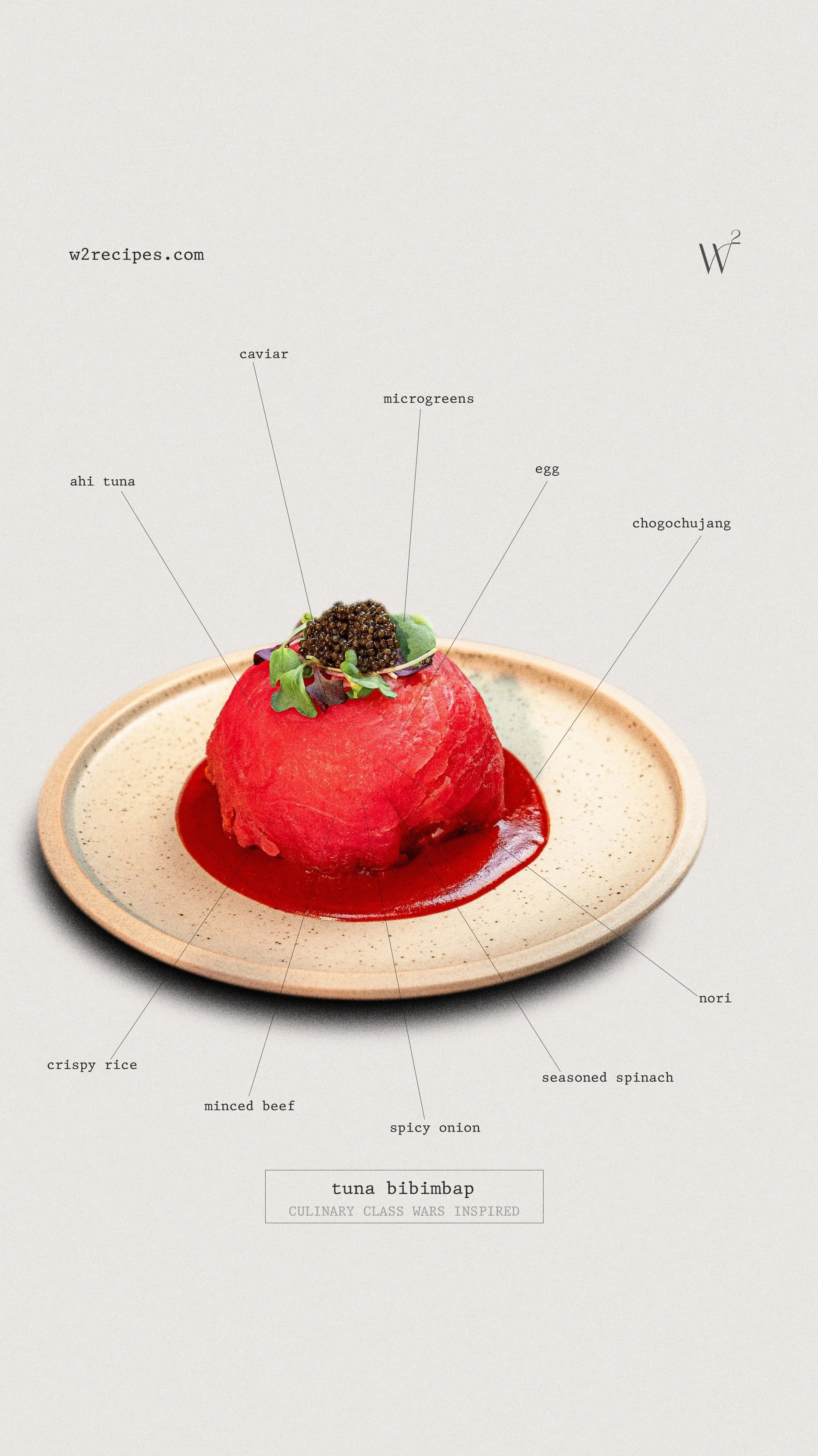 Tuna Bibimbap plating diagram with ingredient labels | W2 RECIPES