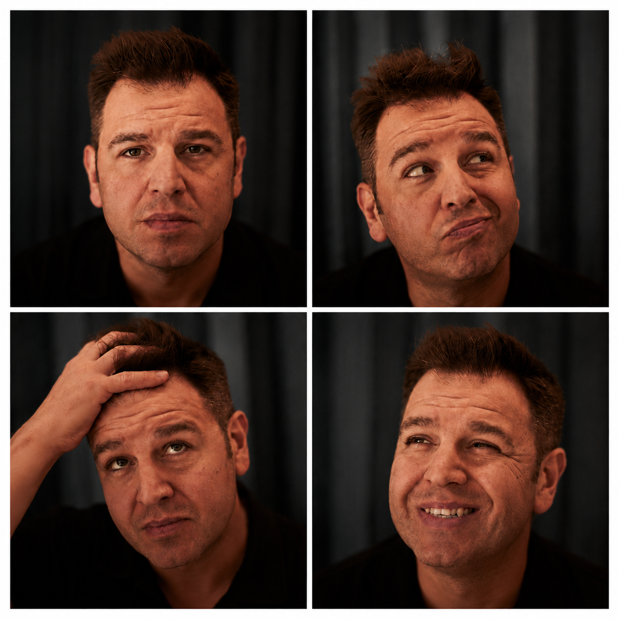 Four close-up photos of a man showing different facial expressions and emotions, with a dark background.