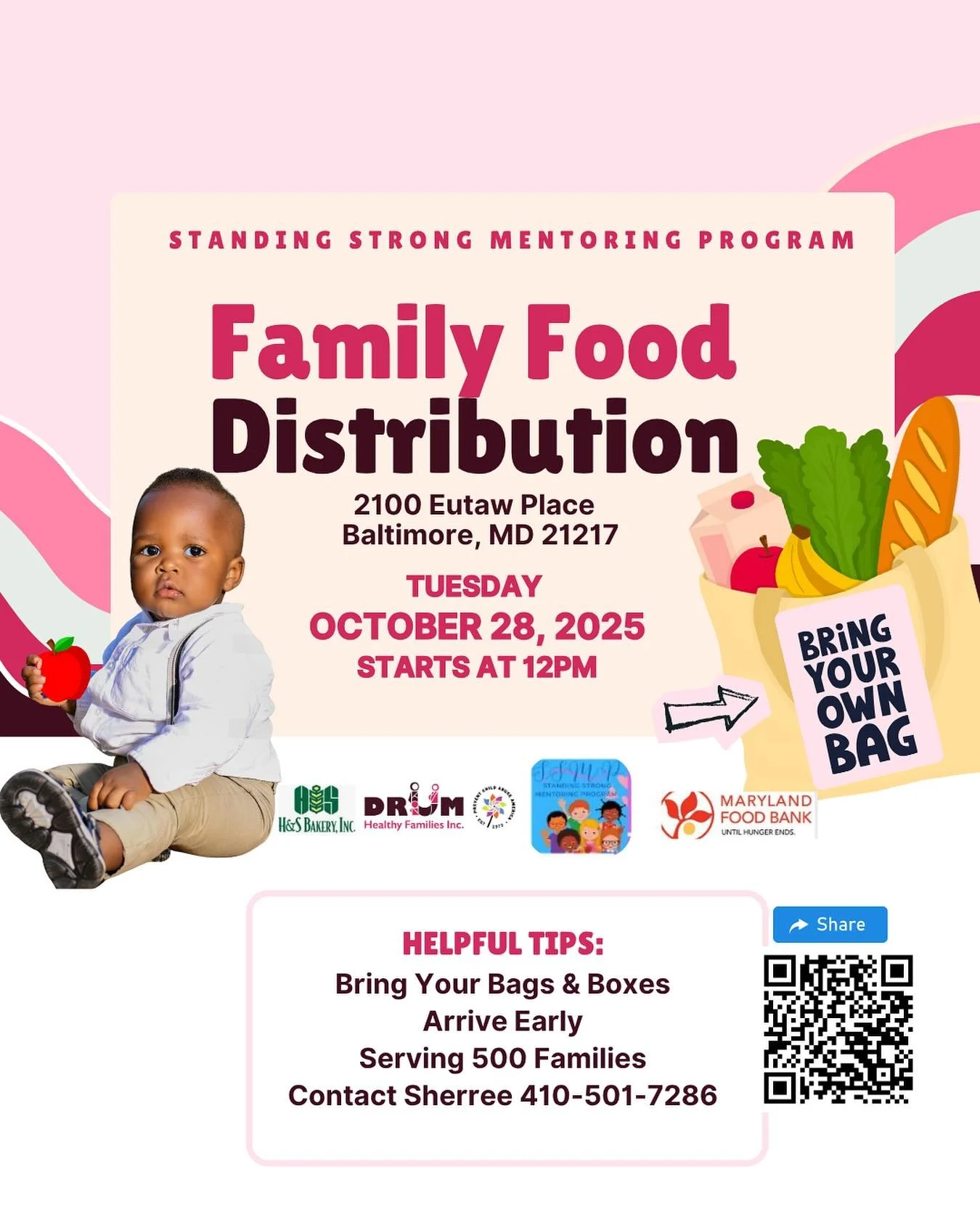 DRUM is honored to partner with Standing Strong Mentoring Program for the first MEGA Family Food Distribution serving 500 families. 
Tuesday
October 28th at 12pm 
2100 Eutaw Place
Please share with a family in need. 
🛍️Bring Your Bags and Arrive E