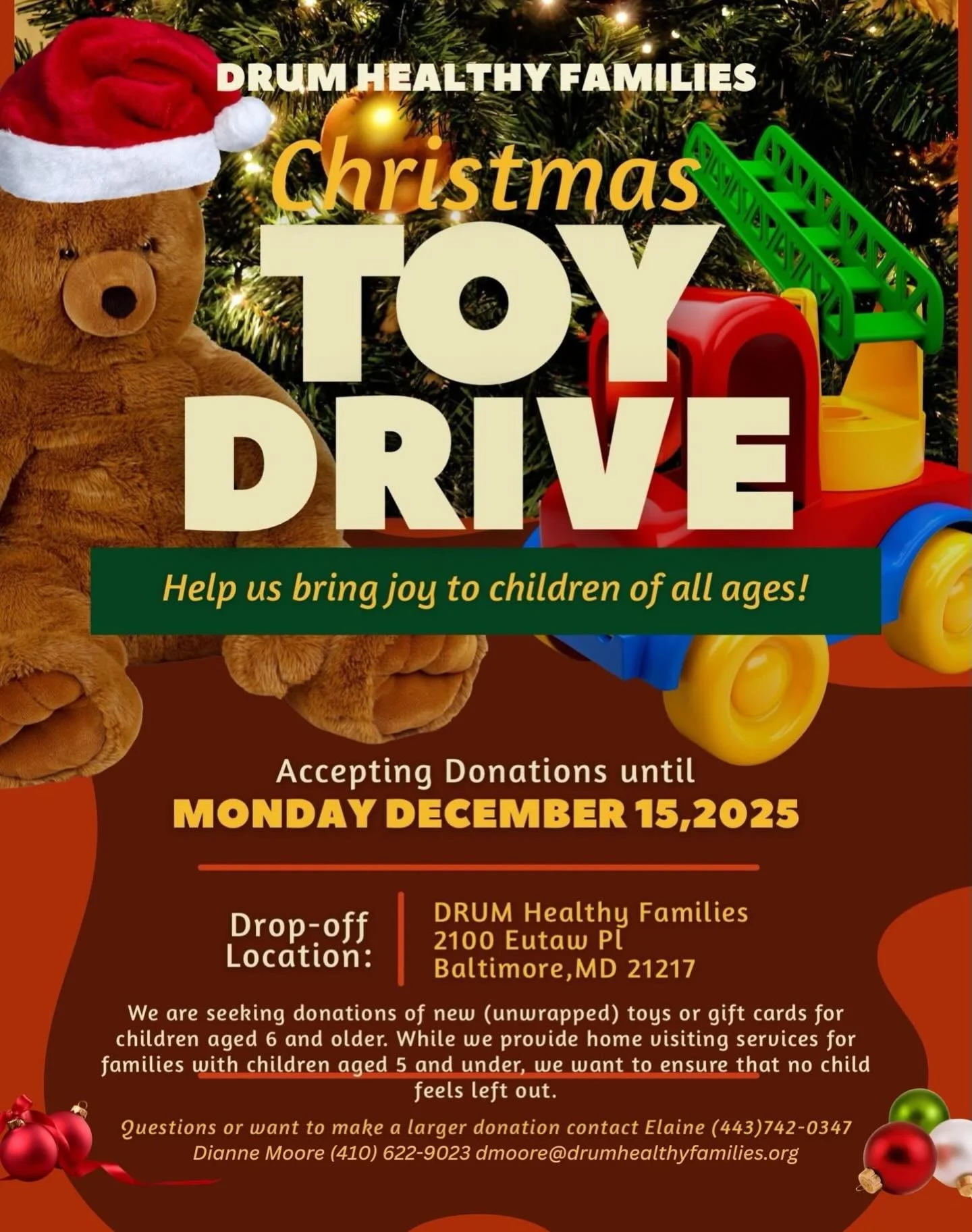 &lsquo;Tis the Season! 🎄DRUM is looking for your support to make our 2025 Toy Drive a continued success.

DRUM is seeking donations of new (unwrapped) toys or gift cards for children aged 6 and older. While we provide home visiting services for fami