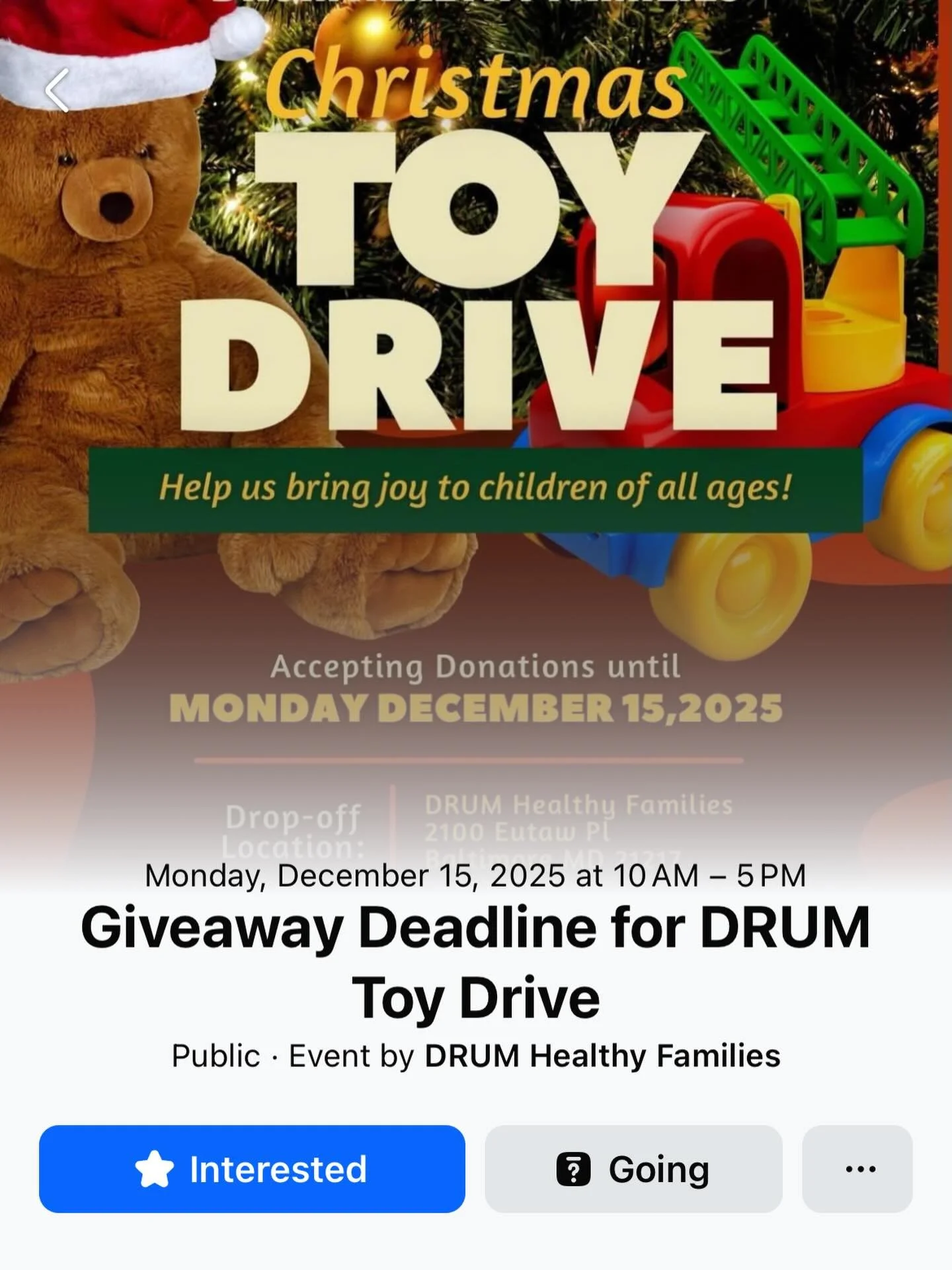 Are you following us on Facebook too? 📱Be sure to catch the latest updates on our 2025 toy drive. Coordinate your in-person donation drop-off 🎅🏽🌲with DRUM staff before December 15th. 
🎁Contact:
Dianne Moore at (410) 622-9023 or dmoore@drumhealth