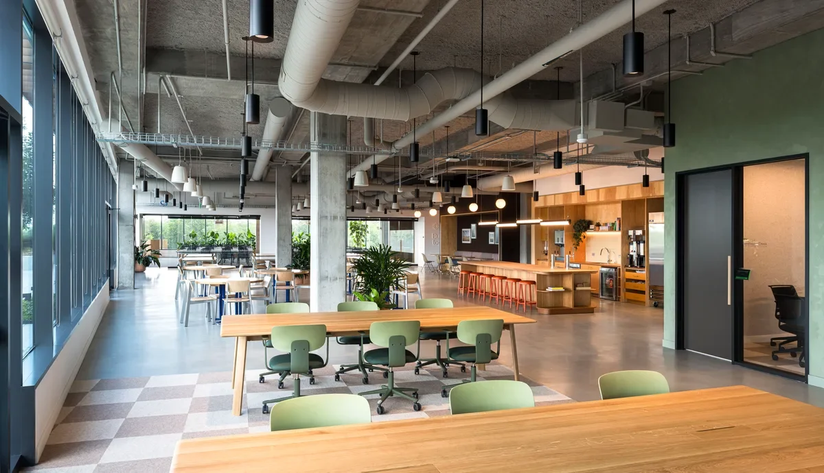 Shared spaces inside Rivian's East Coast headquarters