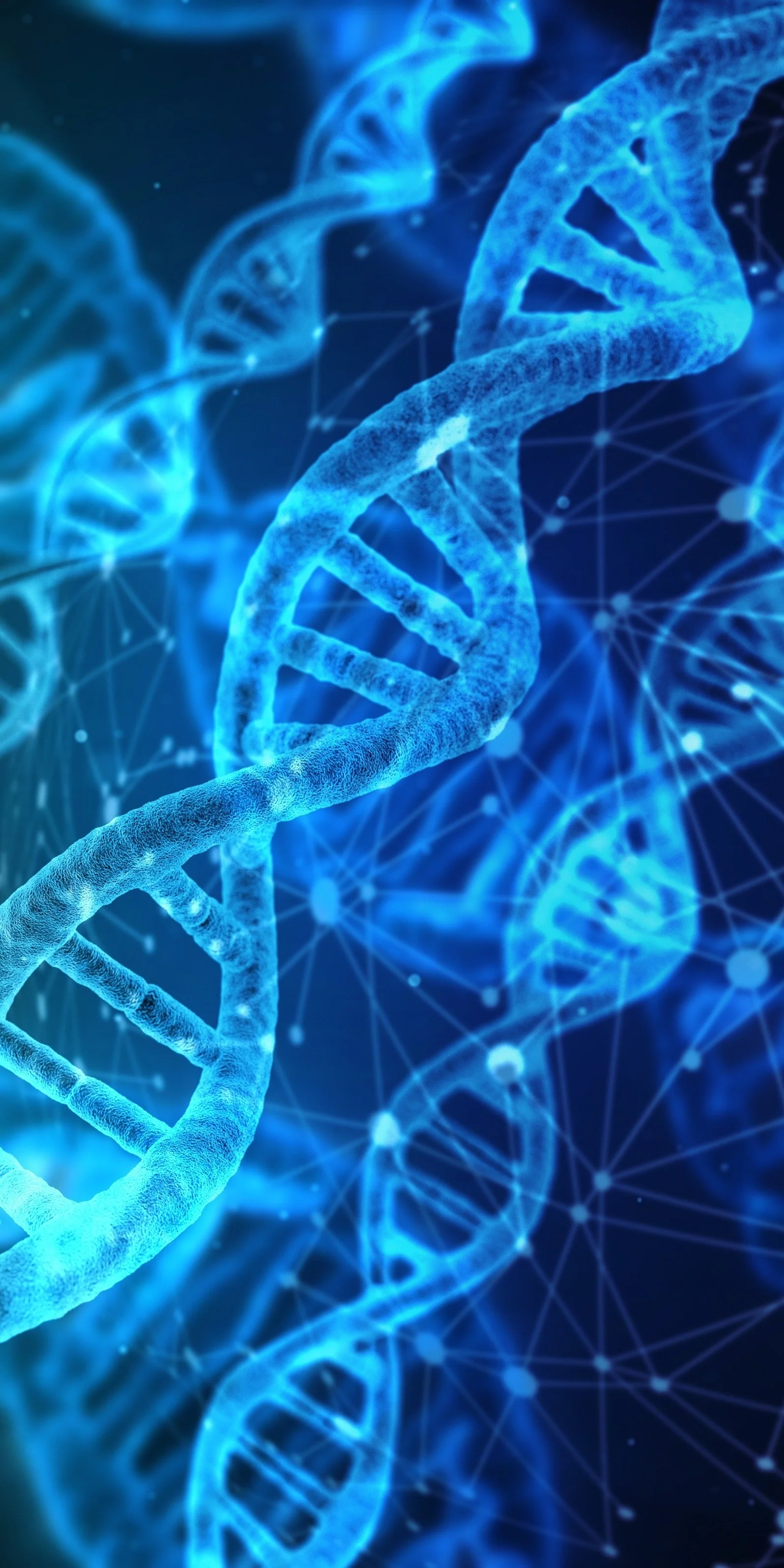 Digital rendering of blue DNA double helix strands with network of connected dots and lines in the background.
