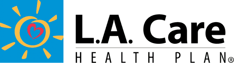 L.A. Care Health Plan logo with a blue background, yellow sun rays, and a stylized red and yellow heart inside a yellow sun symbol.