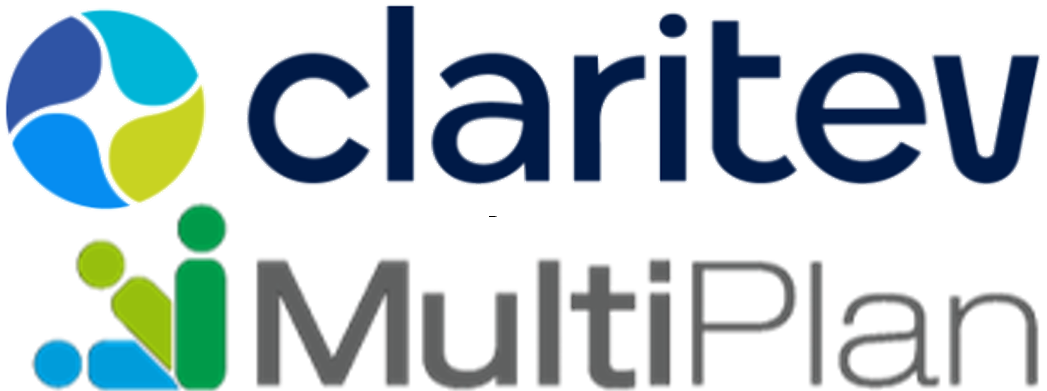 Logos of Clarityv and MultiPlan, featuring a circular icon with blue, green, and dark blue segments for Clarityv, and a stylized green and blue icon for MultiPlan.
