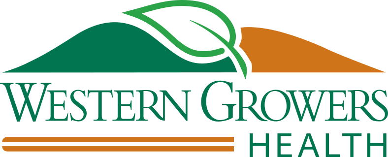 Logo for Western Growers Health featuring a mountain with a green leaf on top and an orange ground, with the organization name below.