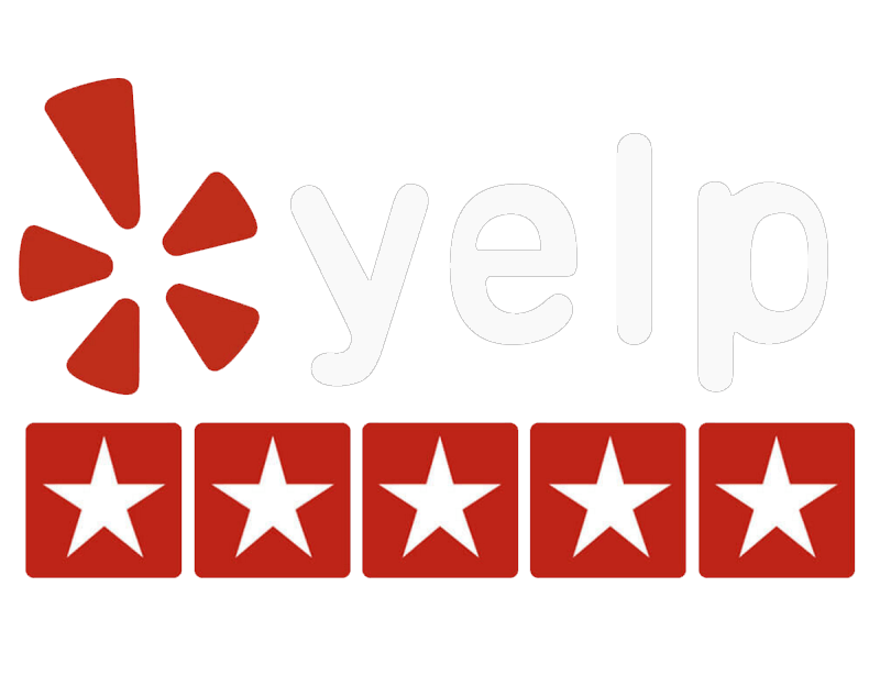 Yelp logo with five red review stars and a red and white starburst icon.