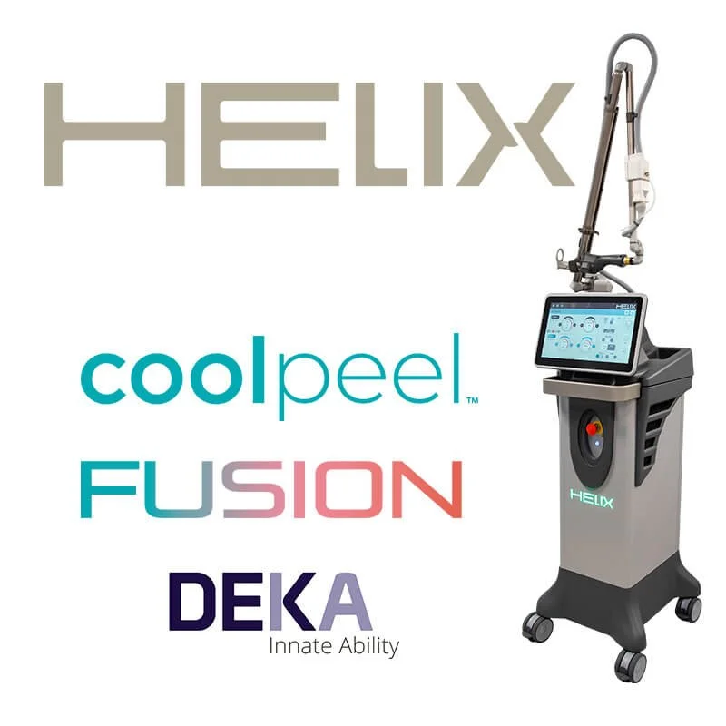A medical device with a robotic arm and a touchscreen display, branded with logos for Helix, Cool Peel, Fusion, and Deka Innate Ability.