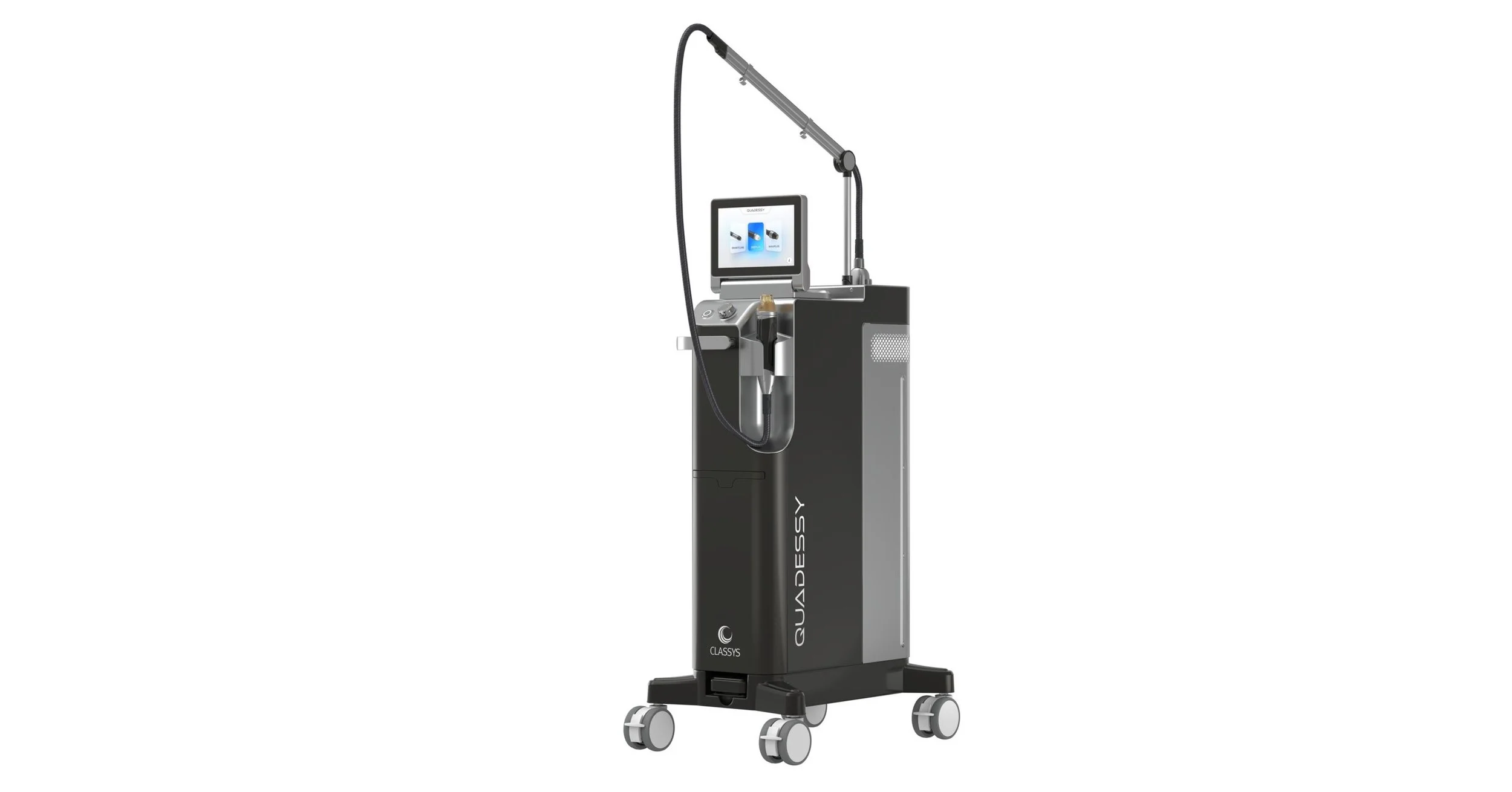 A modern medical or aesthetic device on a wheeled stand with a digital screen, flexible arm, and controls, labeled 'QUADESSY'.