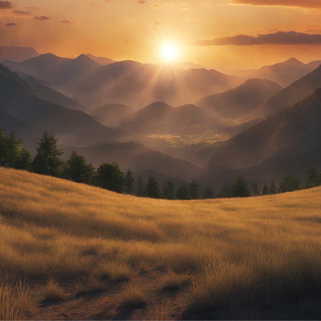Sunset over mountains with golden field in the foreground and trees in the middle ground.