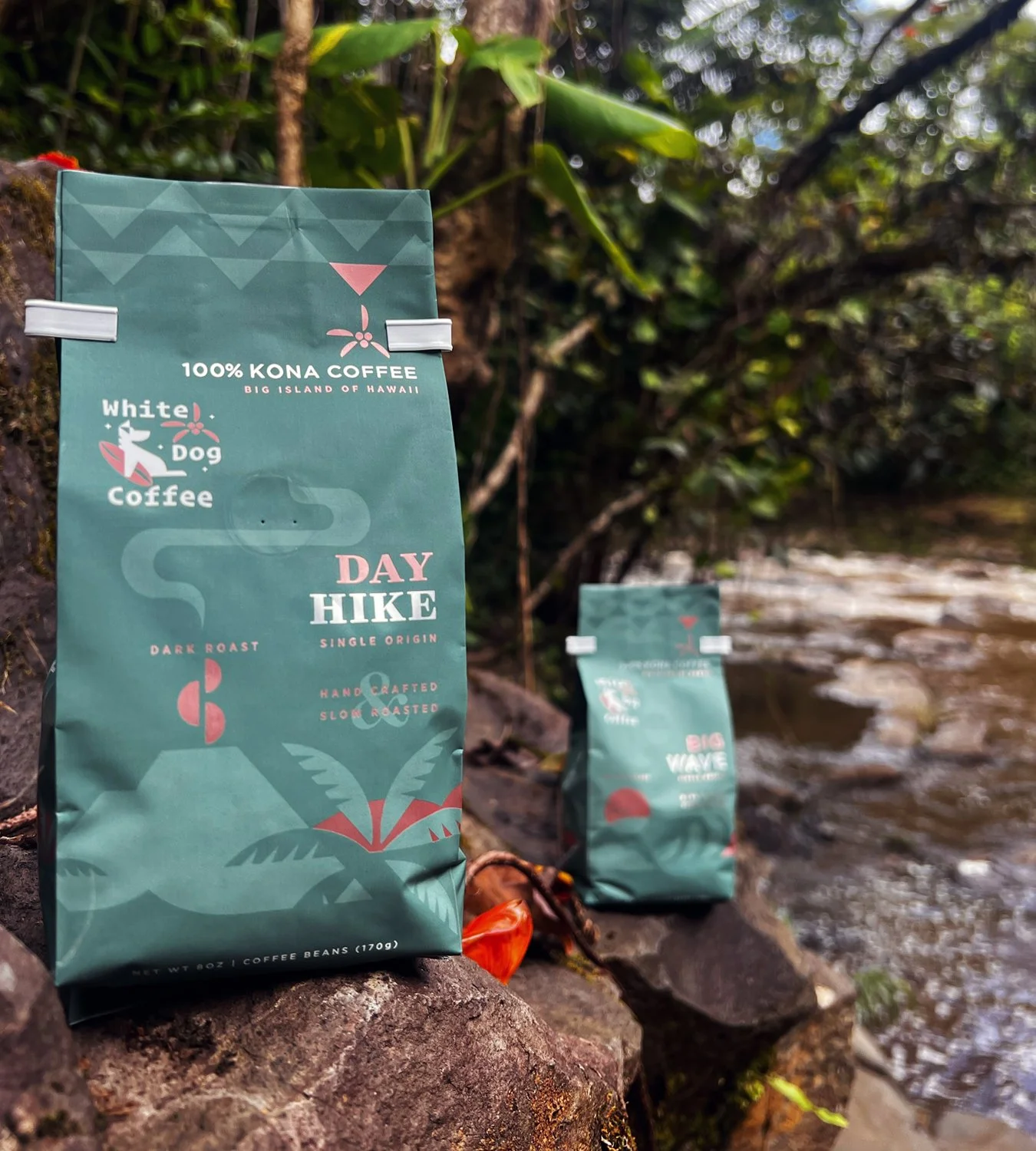 Coffee packaging by Graphic Designer Chris Presvott. Featuring Day Hike & Big Wave 100% Kona Coffee bags photography shot on location on the Big Island of Hawaii.